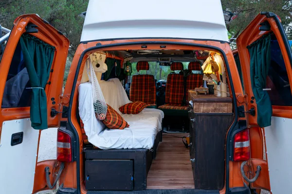 The interior of the recreational camper van. Van life concept.