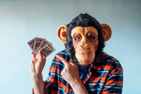 Hombre Con Máscara Mono Celebración Póquer Jugando Las Cartas Sobre —  Fotos de Stock