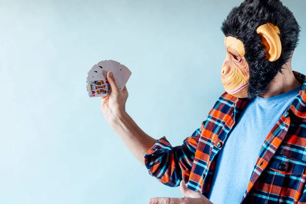 Άντρας Μάσκα Πιθήκου Και Κρατώντας Πόκερ Παίζοντας Χαρτιά Μπλε Φόντο — Φωτογραφία Αρχείου