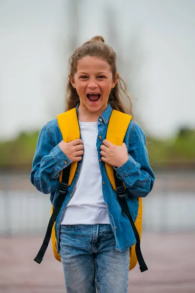 Okula Giden Genç Bir Kız Sırt Çantasıyla Kameraya Bakıyor — Stok fotoğraf