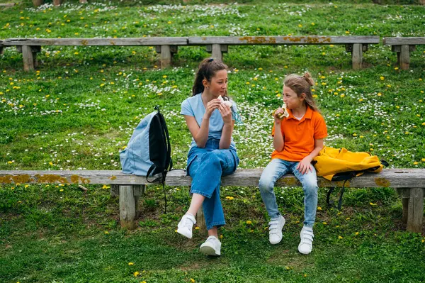 公園でサンドイッチとバナナを食べる美しい子供たち ロイヤリティフリーのストック画像