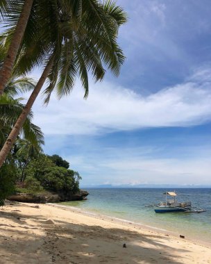 Huzurlu bir tropik plaj sahnesi, kristal berrak su, kıyıya yakın geleneksel bir tekne, ve parlak mavi gökyüzünün altında palmiye ağaçları.
