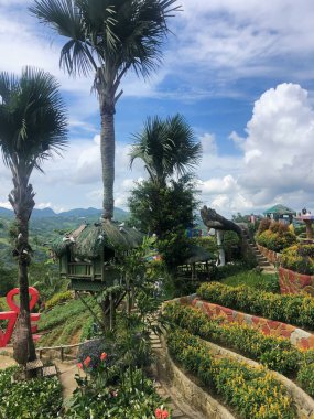 Yüksek palmiye ağaçları, kırsal bir yükseltilmiş kulübe ve renkli çiçeklerden oluşan verimli tropikal bahçe manzarası. Parlak mavi gökyüzünün altında durgun bir doğa hedefi.