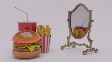 Gümüş aynalı hamburger ve patates kızartması.