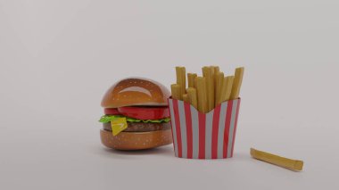 Beyaz arkaplanlı hamburger ve patates kızartması.