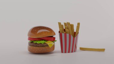 Beyaz arkaplanlı hamburger ve patates kızartması.