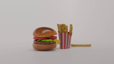 Beyaz arkaplanlı hamburger ve patates kızartması.