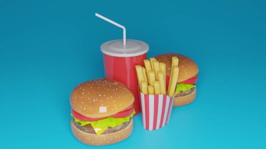 Burger ve patates kızartması. Mavi, kör ya da beyaz arkaplan.