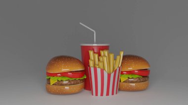 Burger ve patates kızartması. Mavi, kör ya da beyaz arkaplan.