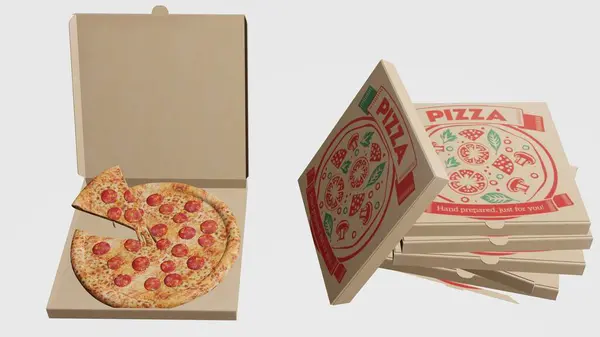 Beyaz arka planı olan pizza ve pizza kutusu.