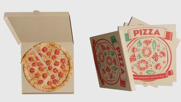 Beyaz arka planı olan pizza ve pizza kutusu.