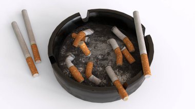 Beyaz arka planda sigaralı kül tablası