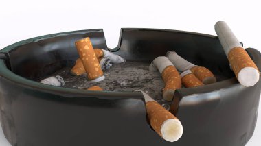 Beyaz arka planda sigaralı kül tablası