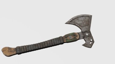 Beyaz arkaplanı olan tahta balta