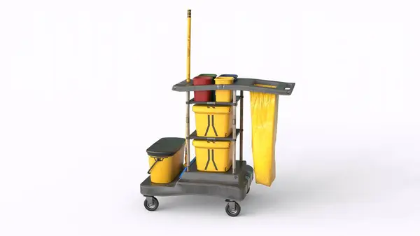 Beyaz arka planı olan temizlik arabası