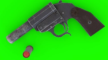 İşaret tabancası ve yeşil arka planı olan cephane.