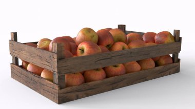 Tahta kutuda beyaz arka planı olan taze elma.