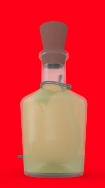 Kırmızı arka planı olan bir şişede armut.