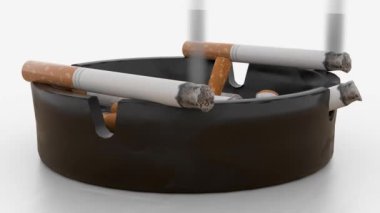 Beyaz arkaplanlı kül tablasında sigara yakmak