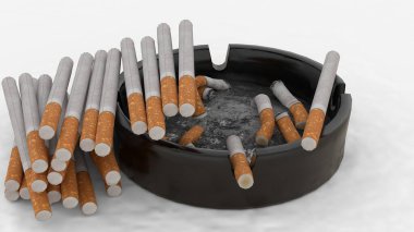 Beyaz arka planda sigara bulunan kül tablası