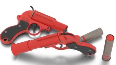 Farklı tipte fişek tabancası ve cephanesi var.