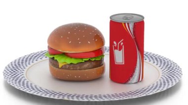 Tabakta hamburger ve soğuk içecek.
