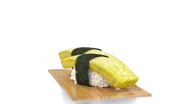 Beyaz arka planda tamago sushi (yiyecek)