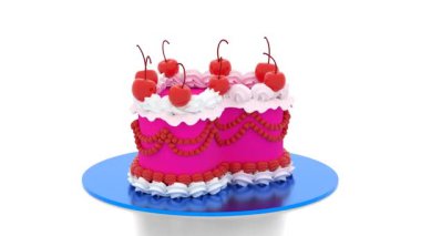 Beyaz arka planda beyaz kremalı kırmızı vişneli pasta.