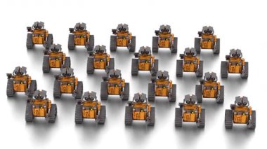 Beyaz arka planda yalnız robotlar ordusu