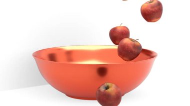 Elmalar sepete düştü ve bıçak elmanın üzerine düştü.