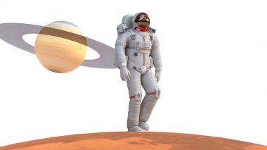 Mars yüzeyinde Satürn gezegeniyle yürüyen astronot.