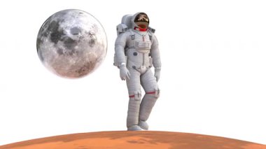 Mars yüzeyinde ay gezegeniyle yürüyen astronot.