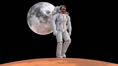 Uzay giysili astronot Mars yüzeyinde ay gezegeniyle yürüyor.