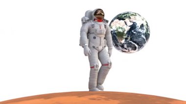 Uzay giysili astronot Mars yüzeyinde Dünya gezegeniyle yürüyor.