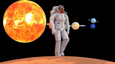 Mars 'ta siyah arka planda yürüyen astronot.