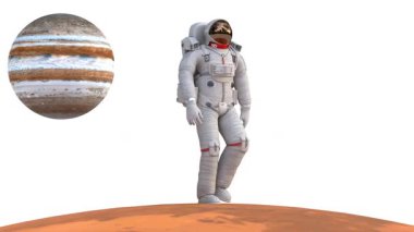 Mars yüzeyinde yürüyen astronot. Jüpiter gezegeni beyaz arka planda.
