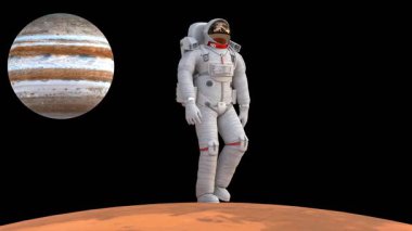 Astronot Jüpiter gezegeniyle Mars yüzeyinde yürüyor.