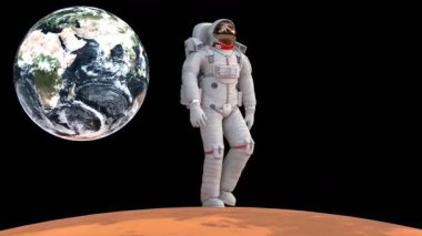 Uzay giysili astronot yüzeyde yürüyor.