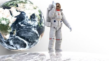 Uzay giysisindeki dünya arkaplanlı astronot karakter