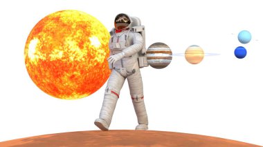 Mars 'ta yürüyen uzay giysili astronot.
