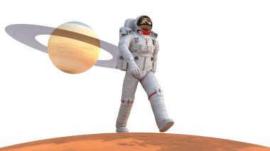 Mars 'ın gezegeninde yürüyen astronot.