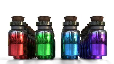 Beyaz arka planda renkli bitkiler şişesi