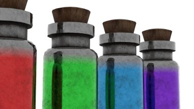 Beyaz arka planda renkli zehir şişesi