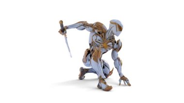 Beyaz arka planda kılıcı olan siber ninja.