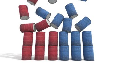 Petrol varilleri beyaz arka plana düşüyor.