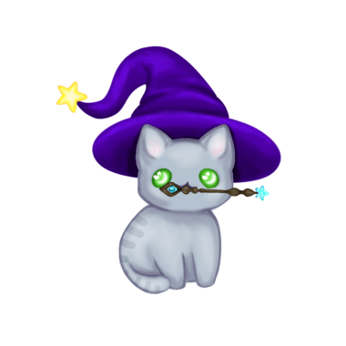 Mor şapkalı ve sihirli değnekli gri sihirli kedi