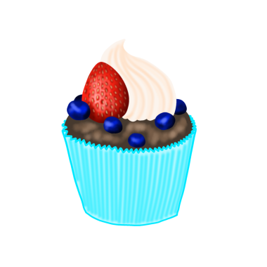 Beyaz krema, taze çilek ve sulu yaban mersiniyle süslenmiş açık mavi kağıt şeklinde lezzetli bir çikolatalı kek.