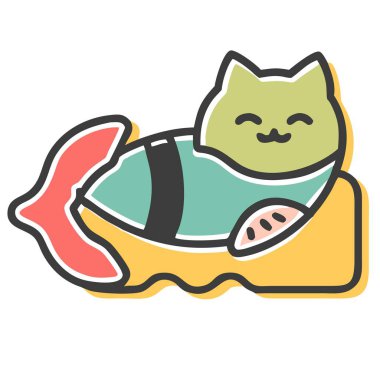 Suşi olarak tasarlanmış kedi karakterinin eğlenceli bir tasviri, yiyecek ve hayvan tasarımı elementlerini şirin ve yaratıcı bir çizgi film konseptiyle birleştiriyor. Kaprisli, aşçı ya da karakter temalı projelerde kullanmak için mükemmel