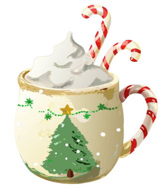 Arkasında şeker kamışı ve Noel ağacı olan bayram içeceği.