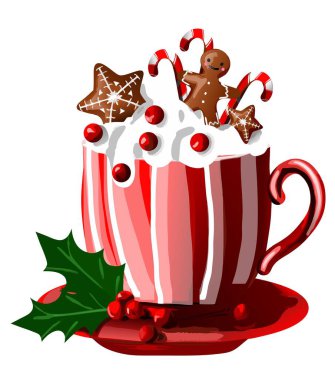 Bir Noel bardağında sunulan sıcak bir fincan sıcak çikolata, yanında şeker kamışı ve zencefilli kurabiye. Kış, kutlama, rahatlık ve mevsimsel ikramlar için mükemmel bir tema.